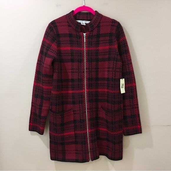 Max Studio Knit Sweater Plaid Houndstooth zip Heavyweight Red Black Small new - Picture 1 of 5